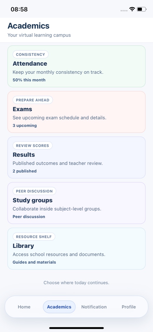 The Schoolatic student app: attendance, exams, results, study groups and library.
